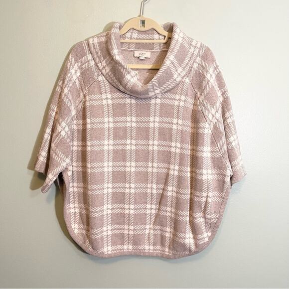 LOFT Outlet Women's Tan Plaid Turtleneck 3/4 Sleeve Poncho Knit Sweater Medium - Picture 2 of 14